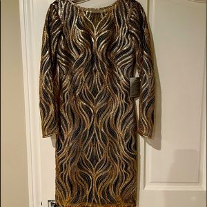 Tadashi Shoji gold sequin dress with black underlay new with tags